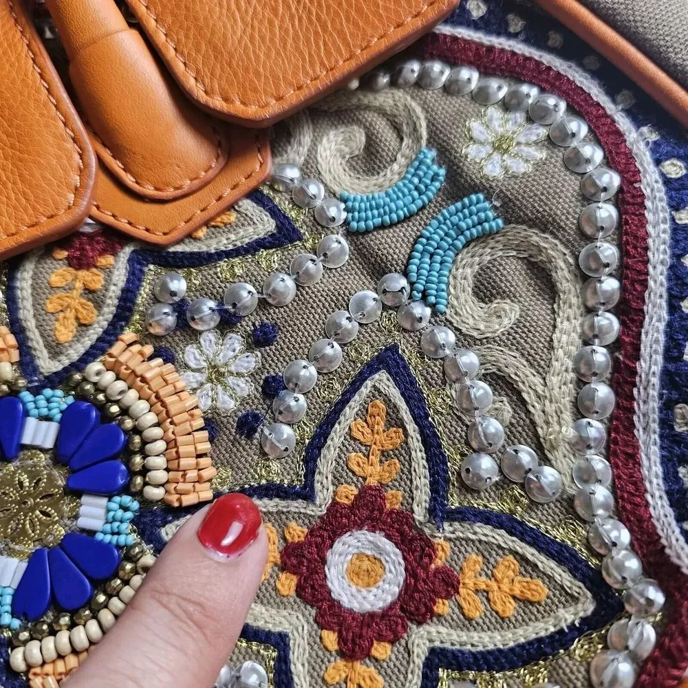 Sam Edelman Sylvia Purse Handbag Crossbody Embroidered Beads Leather Orange Boho - Picture 13 of 14